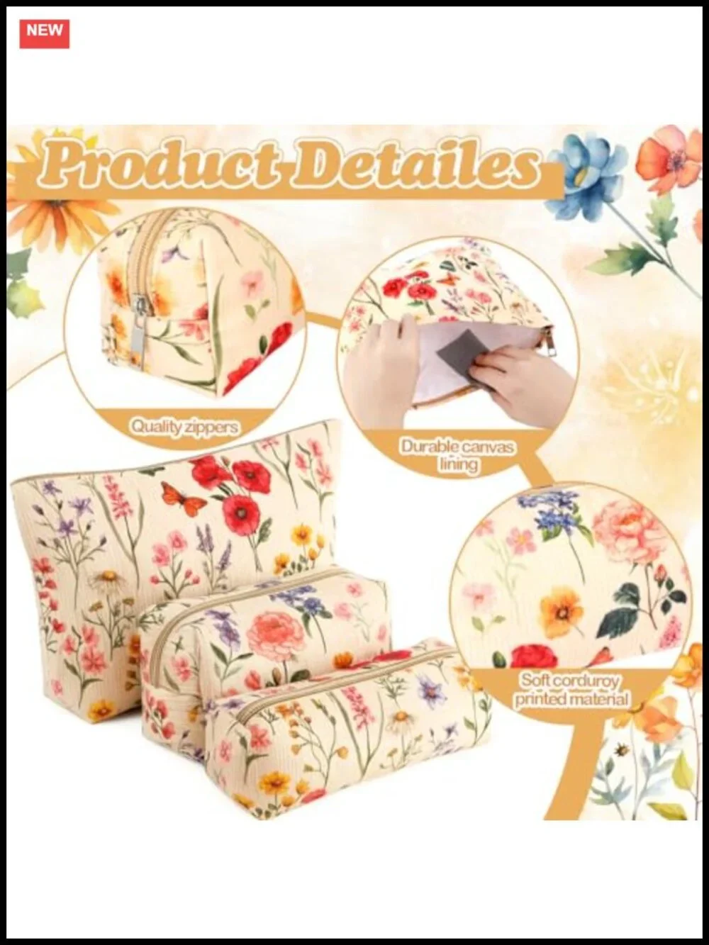 3 Piece Corduroy Floral Makeup Bag Set with Zipper for Travel or Storage